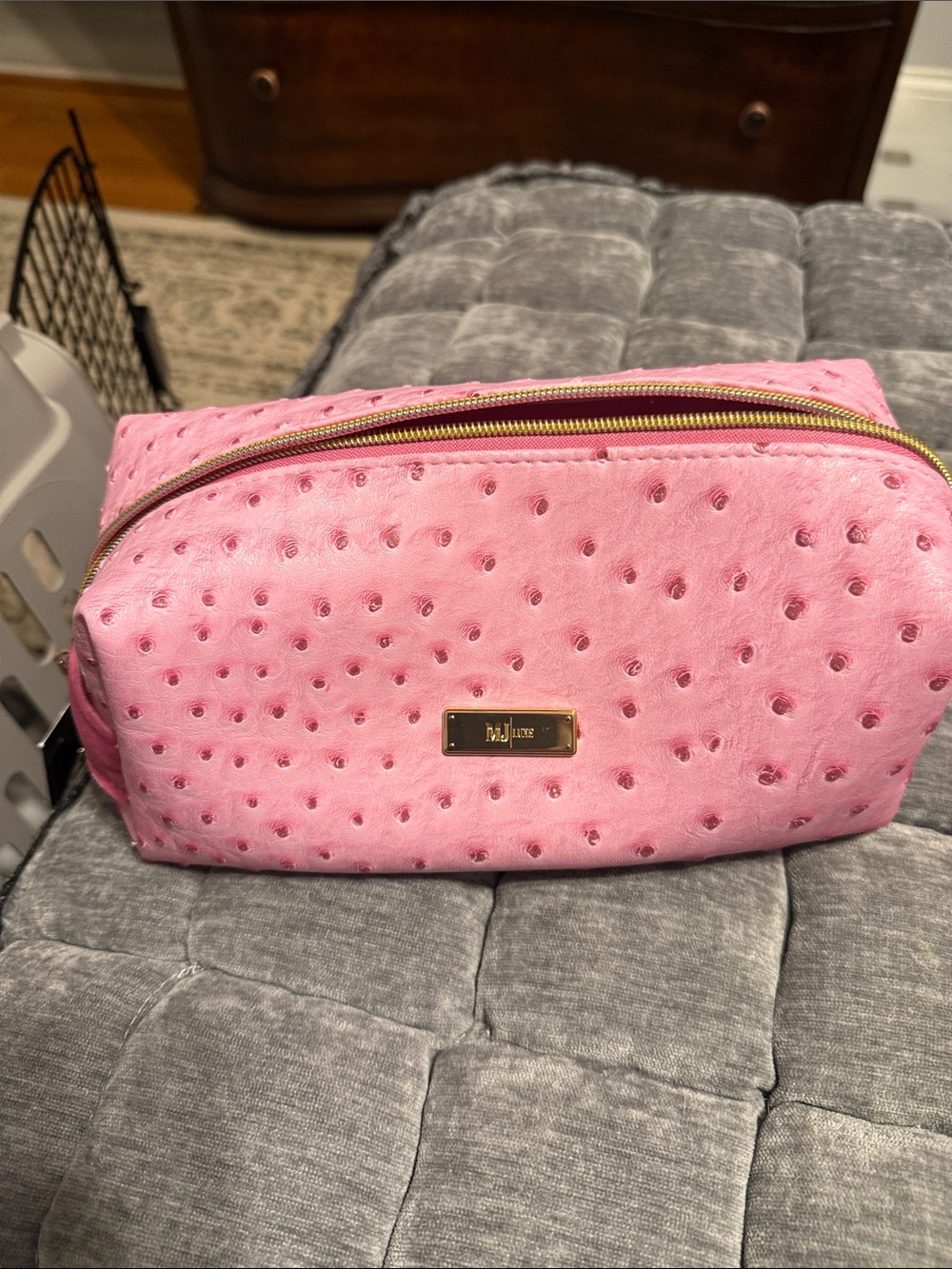 Makeup Junkie Pink Ostrich-Texture Cosmetic Pouch with Gold Hardware